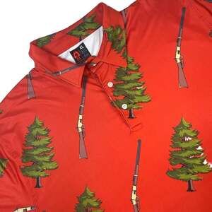 OAF Nation Men's Red Short Sleeve Polo Shirt with Rifle & Pine Tree Print XL